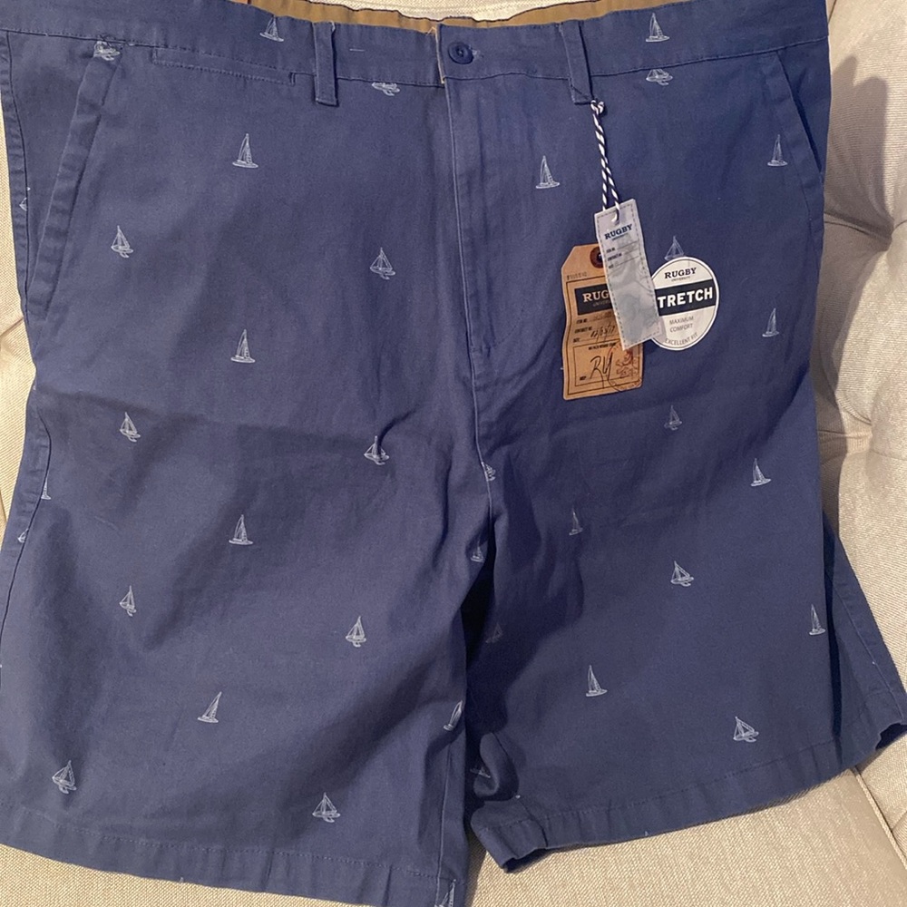 RUGBY 🏉 UNIVERSITY men 🩳 NWT 98% cotton size 42 navy blue with sail boats on